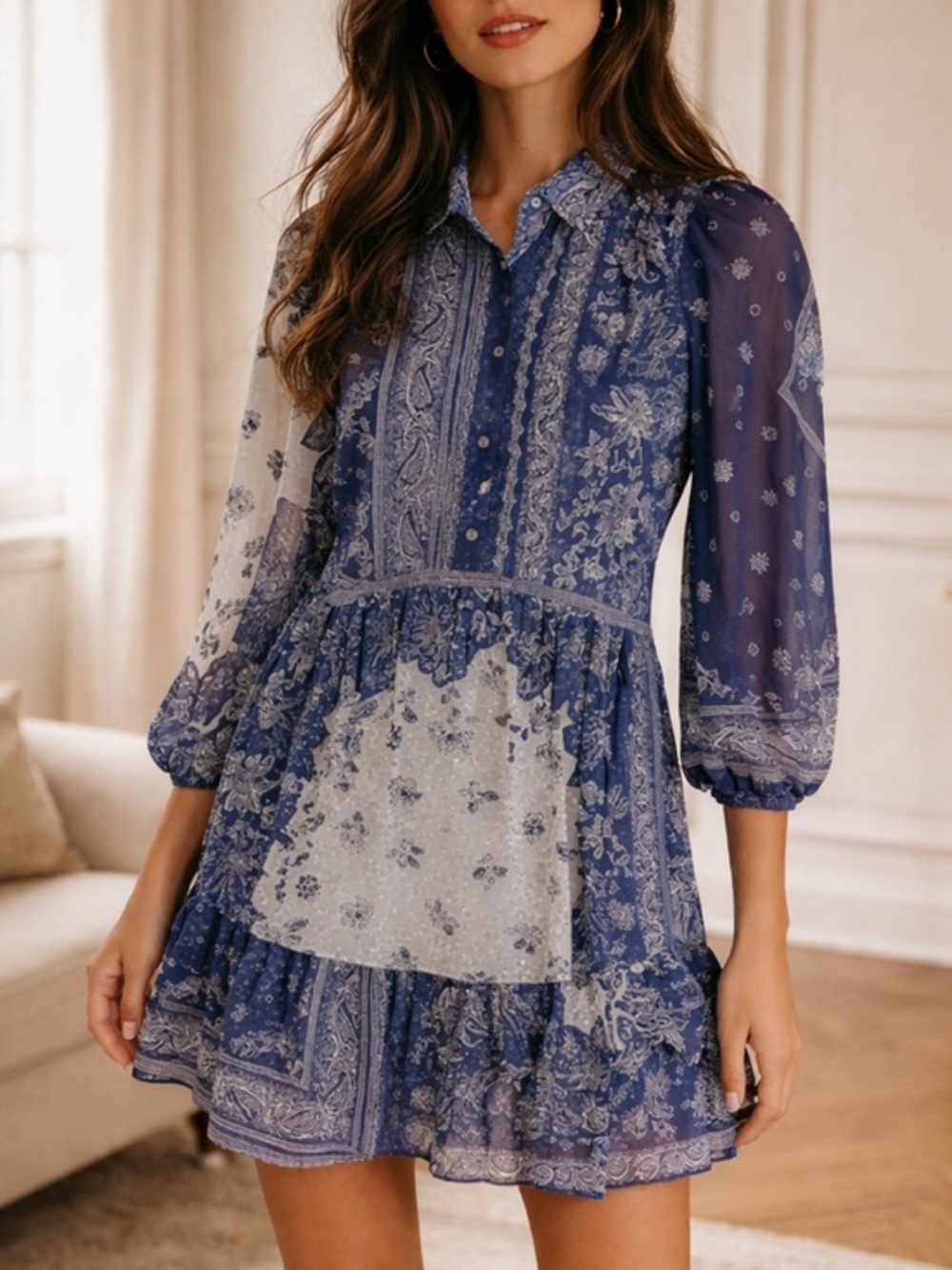 Naracamicie Blue Floral Long Sleeve Boho Ruffle Flowy Mini Dress
